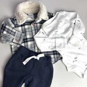 Carter's Plaid Jacket Sherpa Collar, Wolf Mountain Onesie Navy Jogger Pants Set